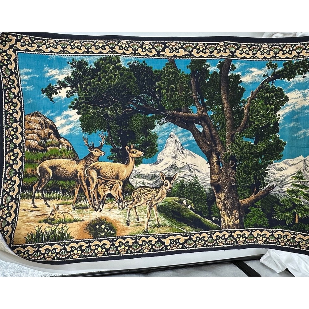 Vintage Velvet Wall Hanging Deer Family Mountain Landscape Blue Green Excellent